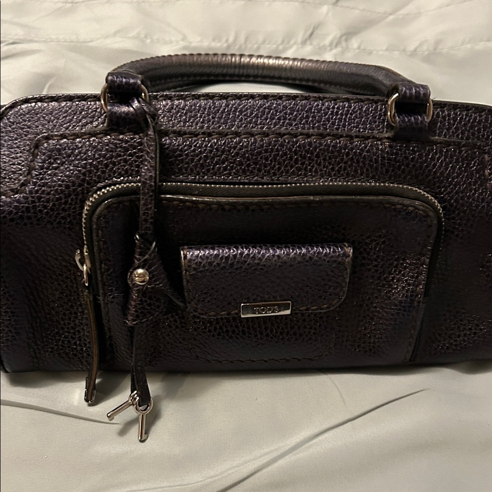 Tod's BLACK METALLIC Pebbled Leather Satchel